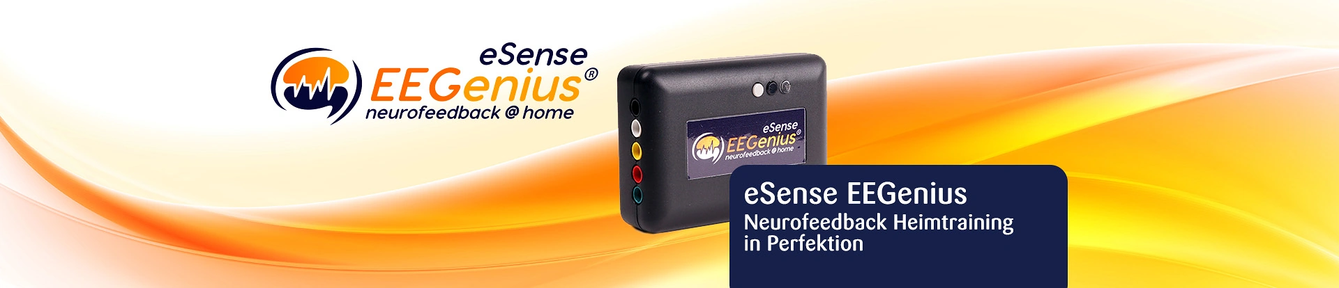 Mindfield eSense EEGenius Gerät mit Logo, Banner „Neurofeedback Heimtraining in Perfektion“