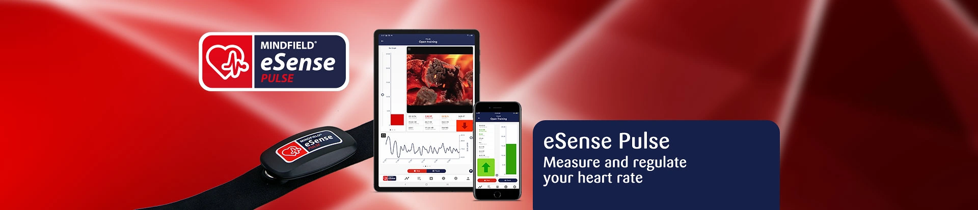 Mindfield eSense Pulse banner: 'Measure and regulate your heart rate', phone and wristband