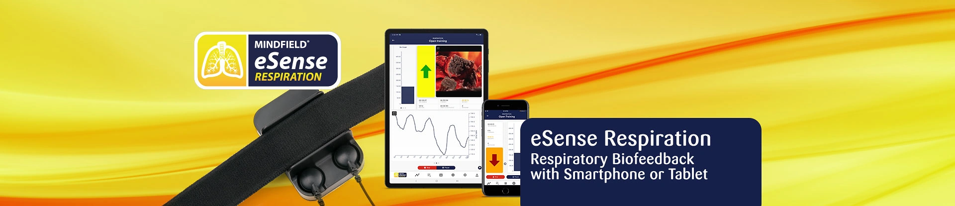Mindfield eSense Respiration banner with strap and smartphone app